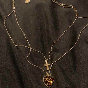 Betsey Johnson Layered Necklace Leopard Heart & Pearl Cross